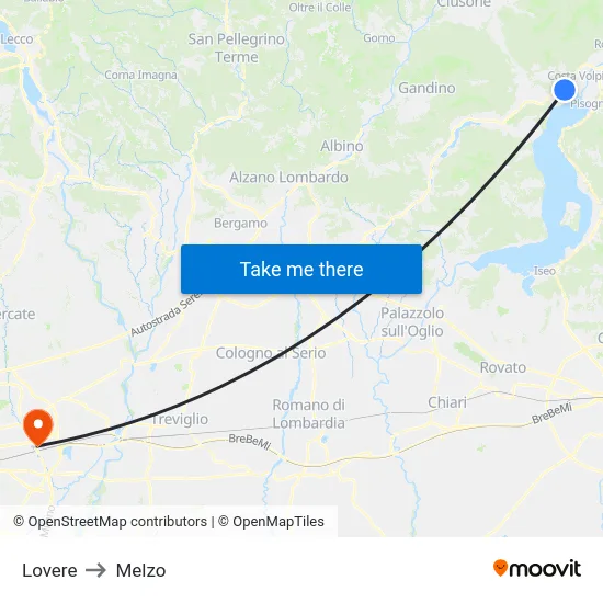 Lovere to Melzo map