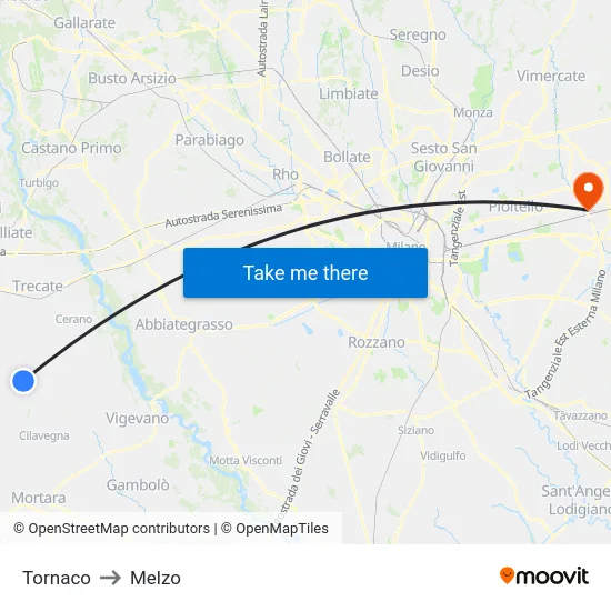 Tornaco to Melzo map