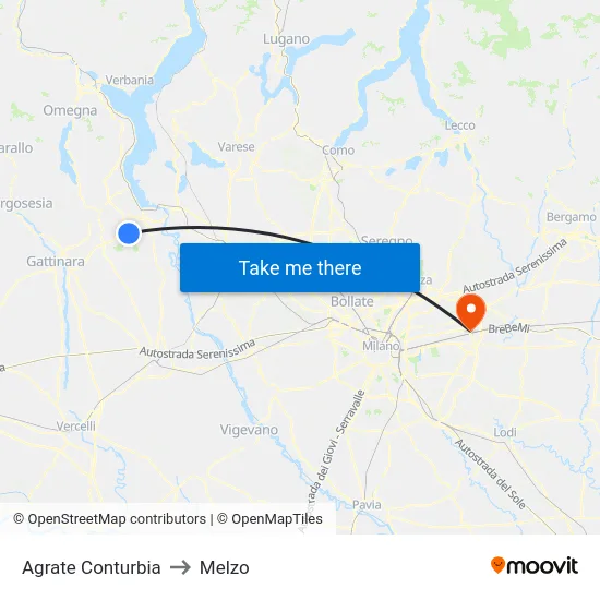 Agrate Conturbia to Melzo map