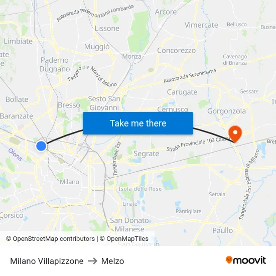 Milan Villapizzone to Melzo map