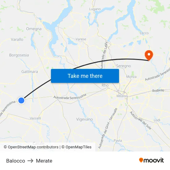 Balocco to Merate map