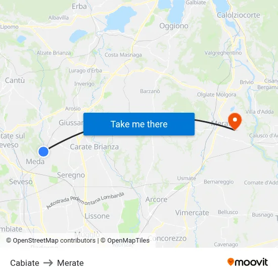 Cabiate to Merate map