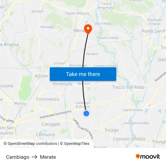 Cambiago to Merate map