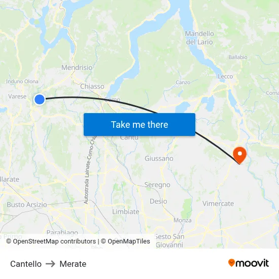 Cantello to Merate map