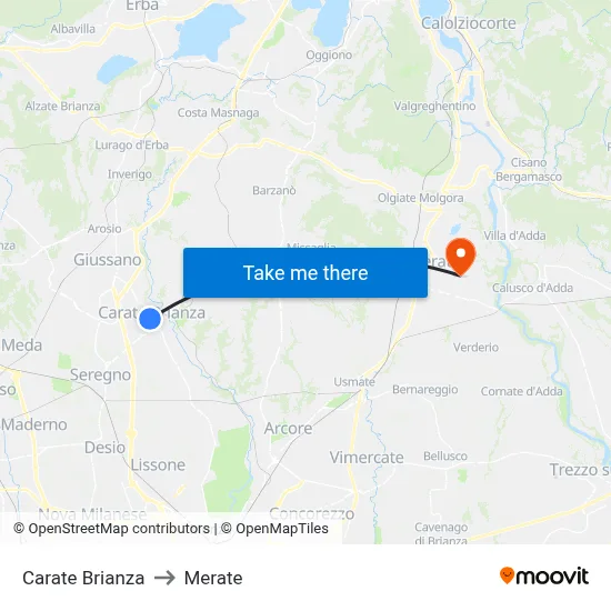 Carate Brianza to Merate map
