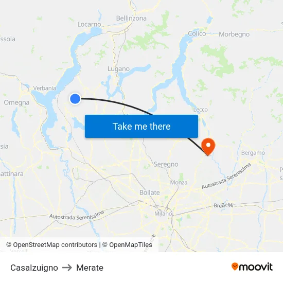 Casalzuigno to Merate map