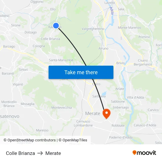 Colle Brianza to Merate map