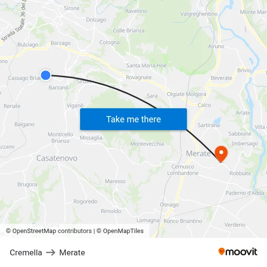 Cremella to Merate map