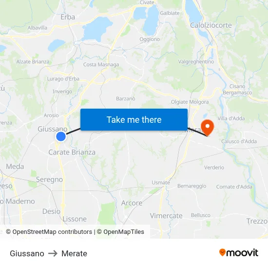 Giussano to Merate map