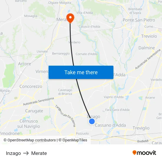 Inzago to Merate map