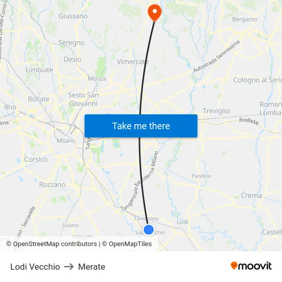 Lodi Vecchio to Merate map
