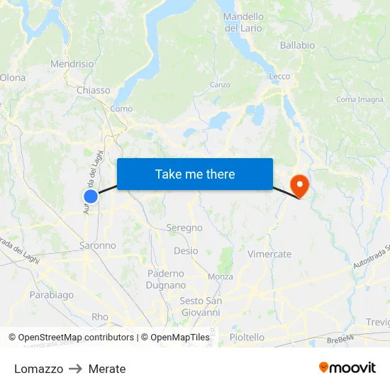 Lomazzo to Merate map