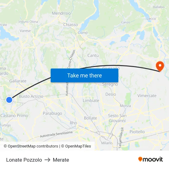 Lonate Pozzolo to Merate map