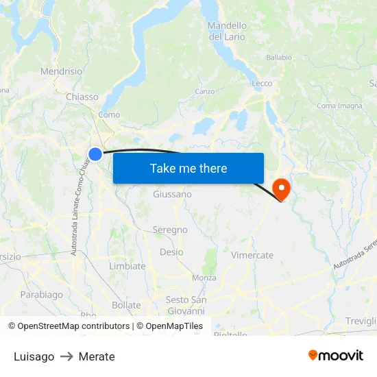 Luisago to Merate map