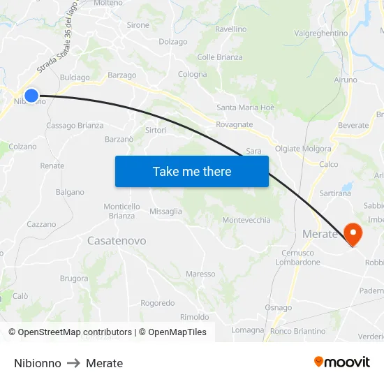 Nibionno to Merate map