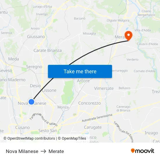 Nova Milanese to Merate map