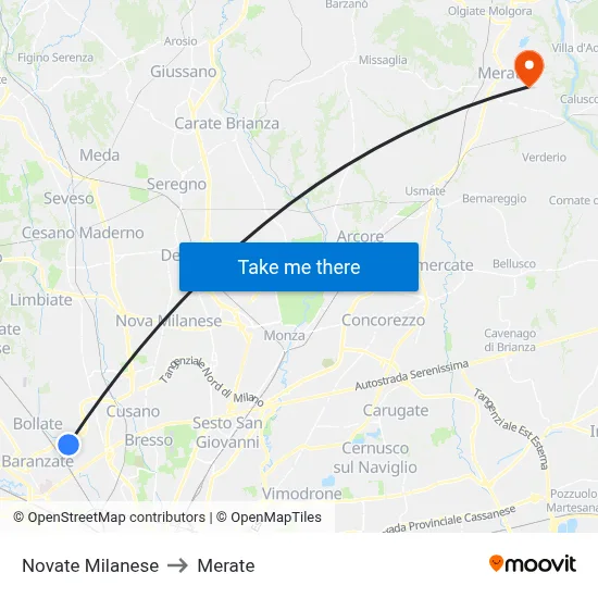 Novate Milanese to Merate map