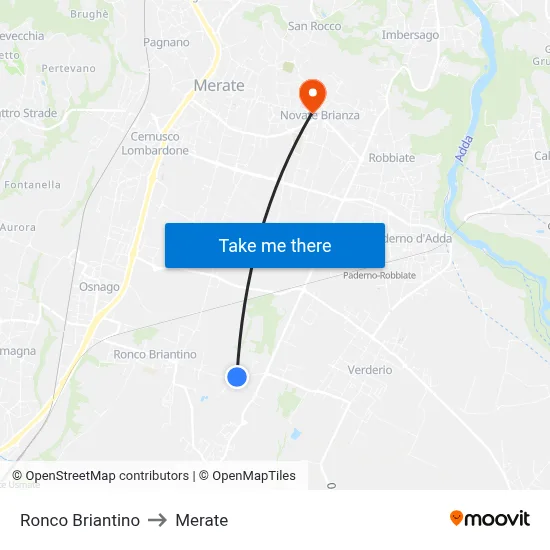 Ronco Briantino to Merate map