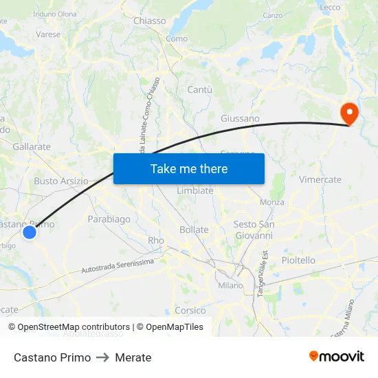 Castano Primo to Merate map