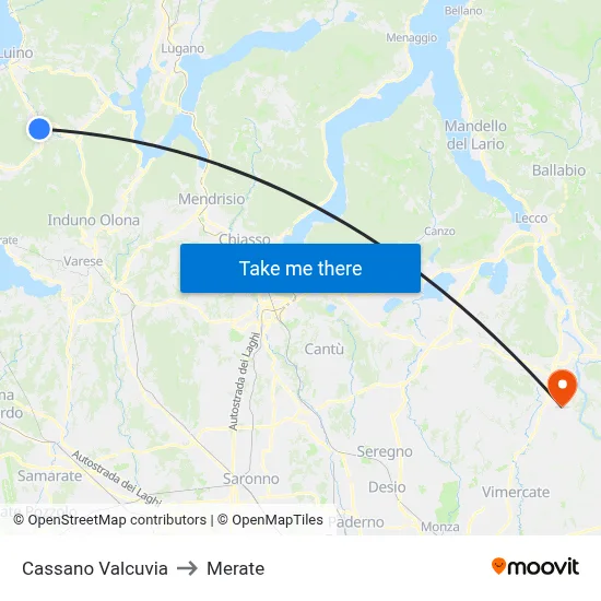 Cassano Valcuvia to Merate map