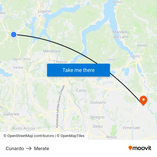 Cunardo to Merate map
