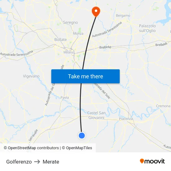 Golferenzo to Merate map