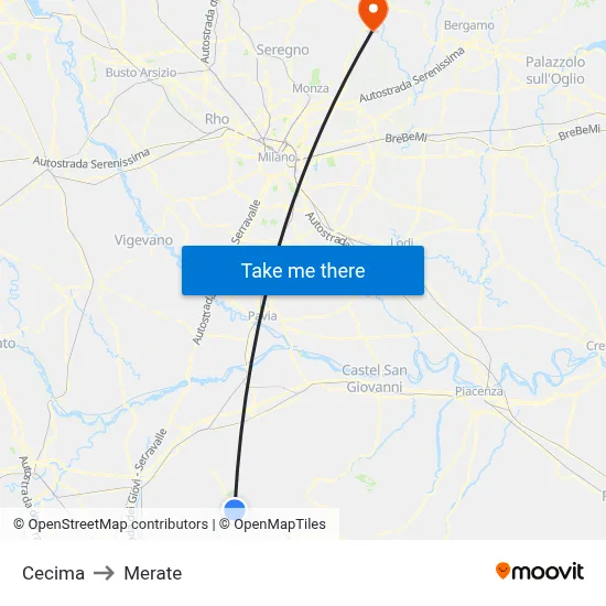 Cecima to Merate map