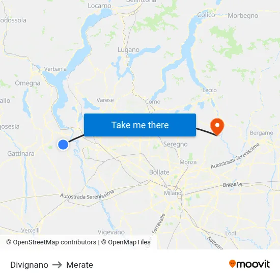 Divignano to Merate map