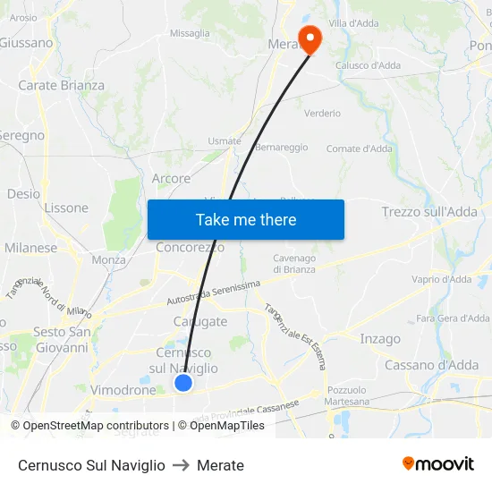 Cernusco Sul Naviglio to Merate map
