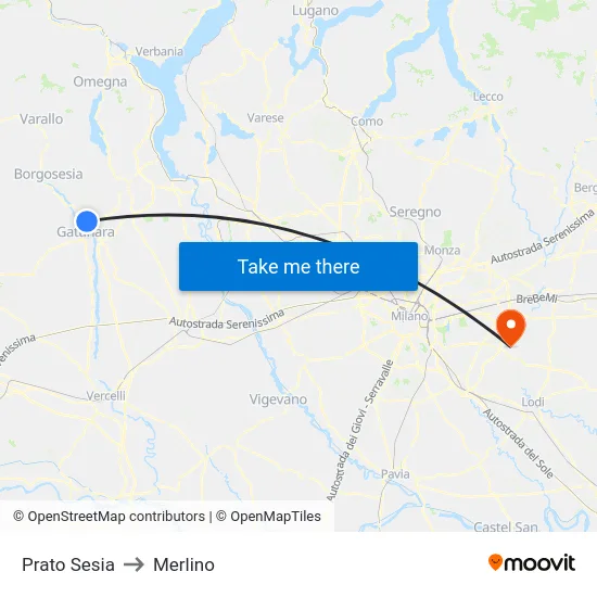 Prato Sesia to Merlino map