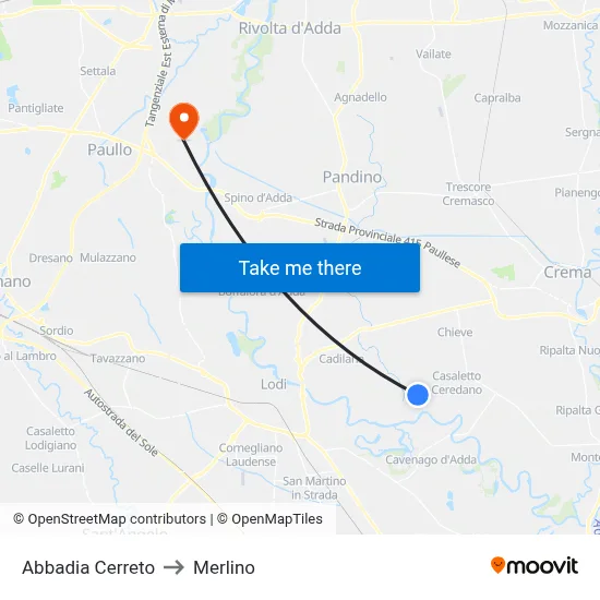 Abbadia Cerreto to Merlino map