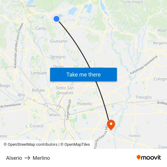 Alserio to Merlino map