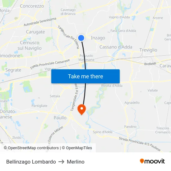 Bellinzago Lombardo to Merlino map