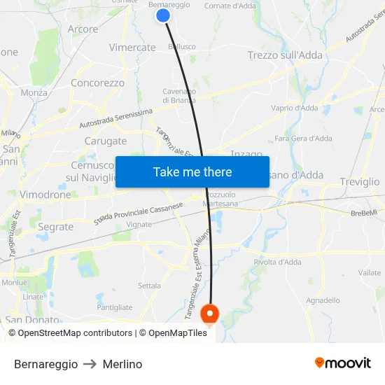 Bernareggio to Merlino map