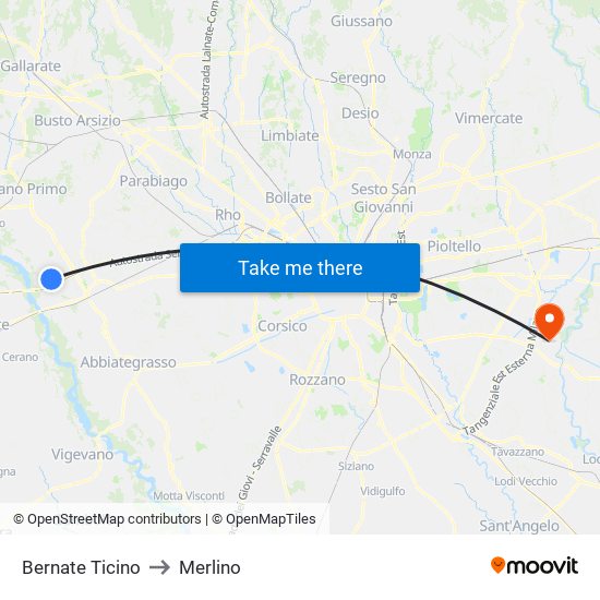 Bernate Ticino to Merlino map