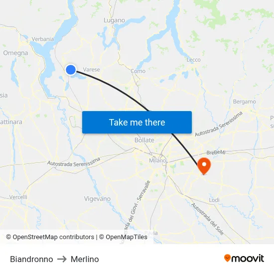 Biandronno to Merlino map