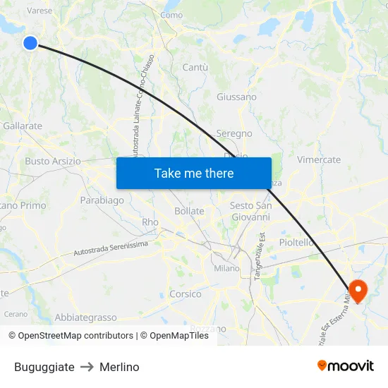 Buguggiate to Merlino map