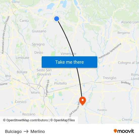 Bulciago to Merlino map