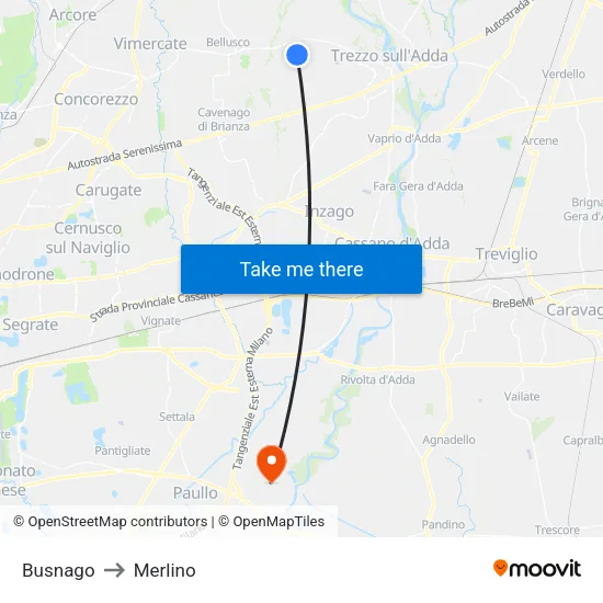 Busnago to Merlino map