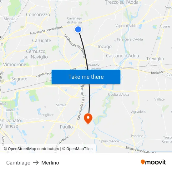 Cambiago to Merlino map