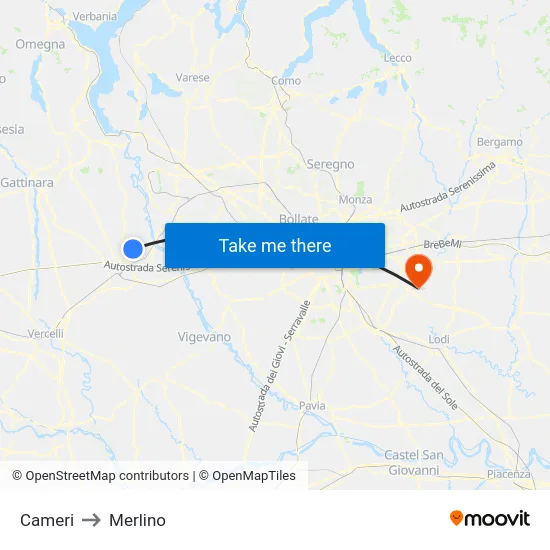 Cameri to Merlino map