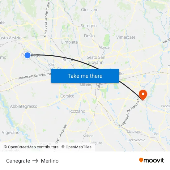 Canegrate to Merlino map