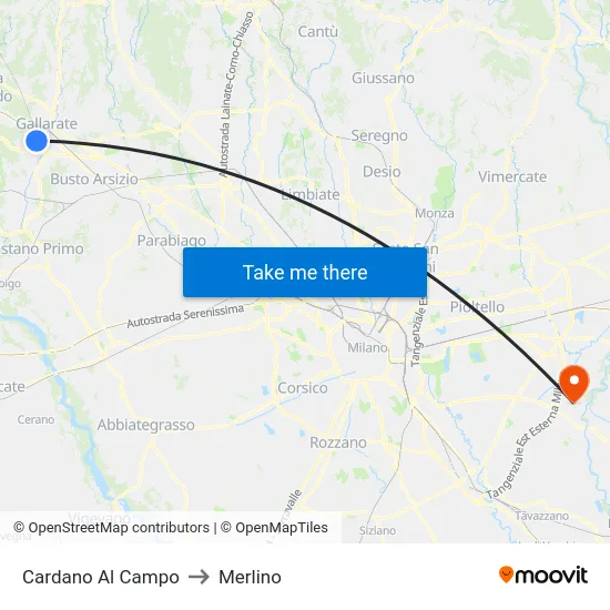 Cardano Al Campo to Merlino map