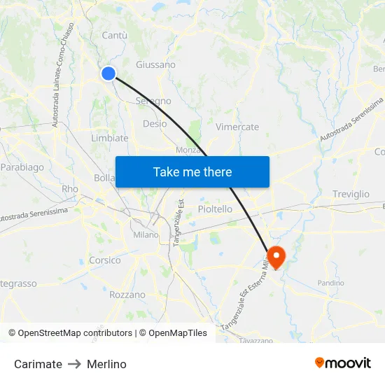 Carimate to Merlino map