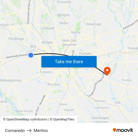 Cornaredo to Merlino map