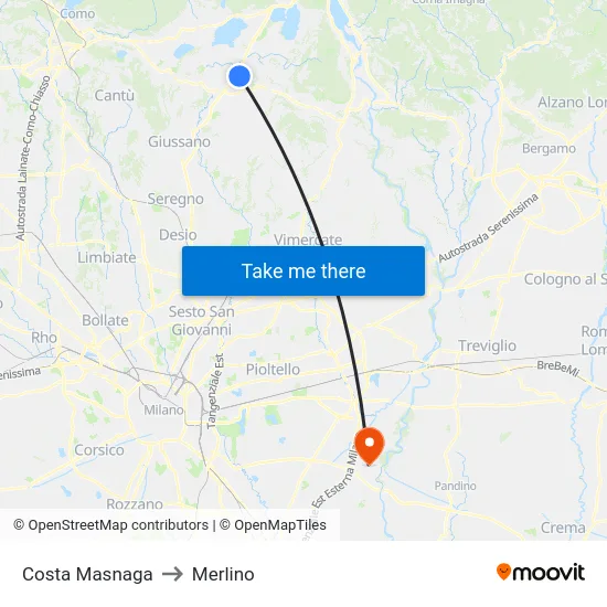 Costa Masnaga to Merlino map