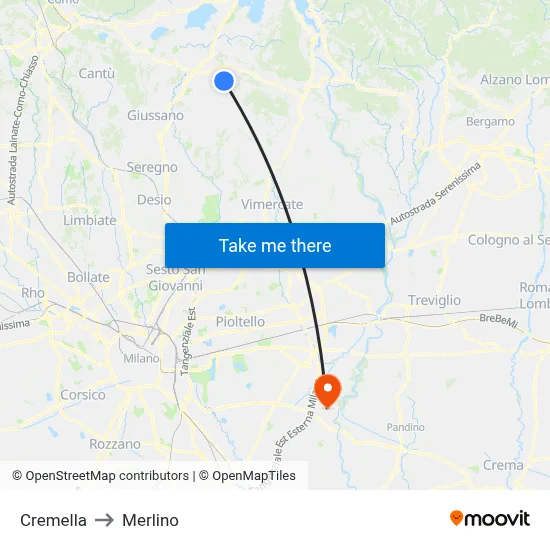 Cremella to Merlino map