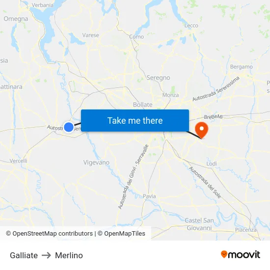 Galliate to Merlino map