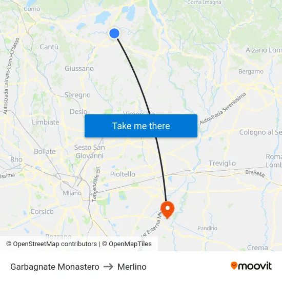 Garbagnate Monastero to Merlino map