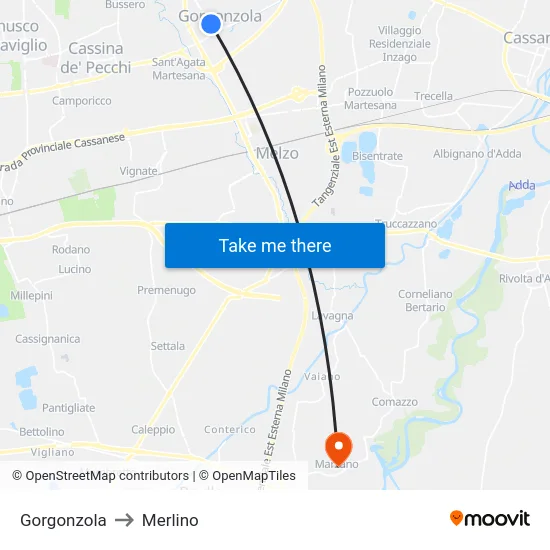 Gorgonzola to Merlino map